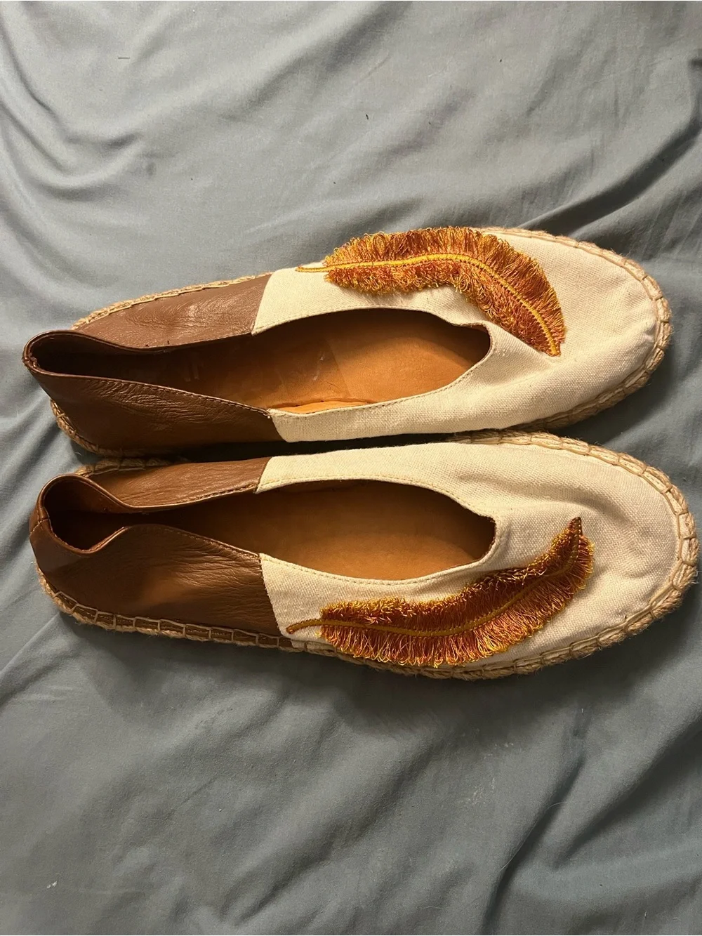 Cream Canvas Espradilles 10 with Brown Trim and Orange-Gold Feather Embroidery